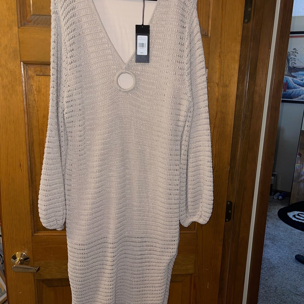 Fashion to Figure Cream Ribbed V-Neck Sweater Dress